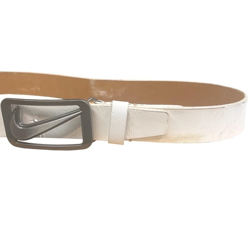 Nike Golf Mens White Genuine Leather Swoosh Logo Plaque Buckle Belt Size 38